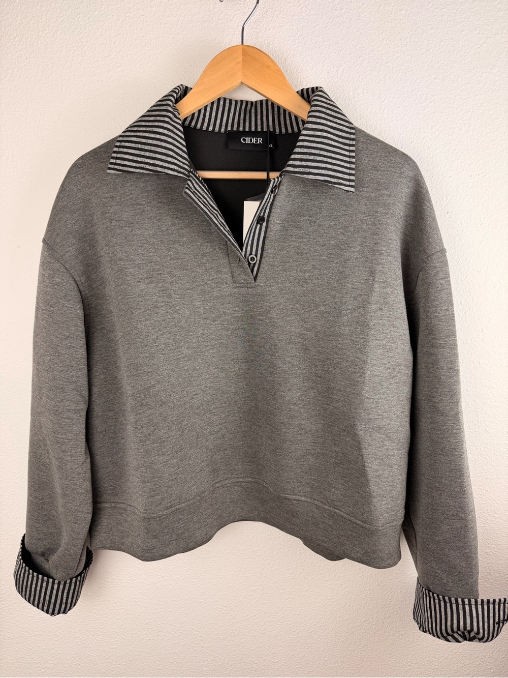 Cider NWT Layered Button Up Crew Top Womens XL Grey Stripes